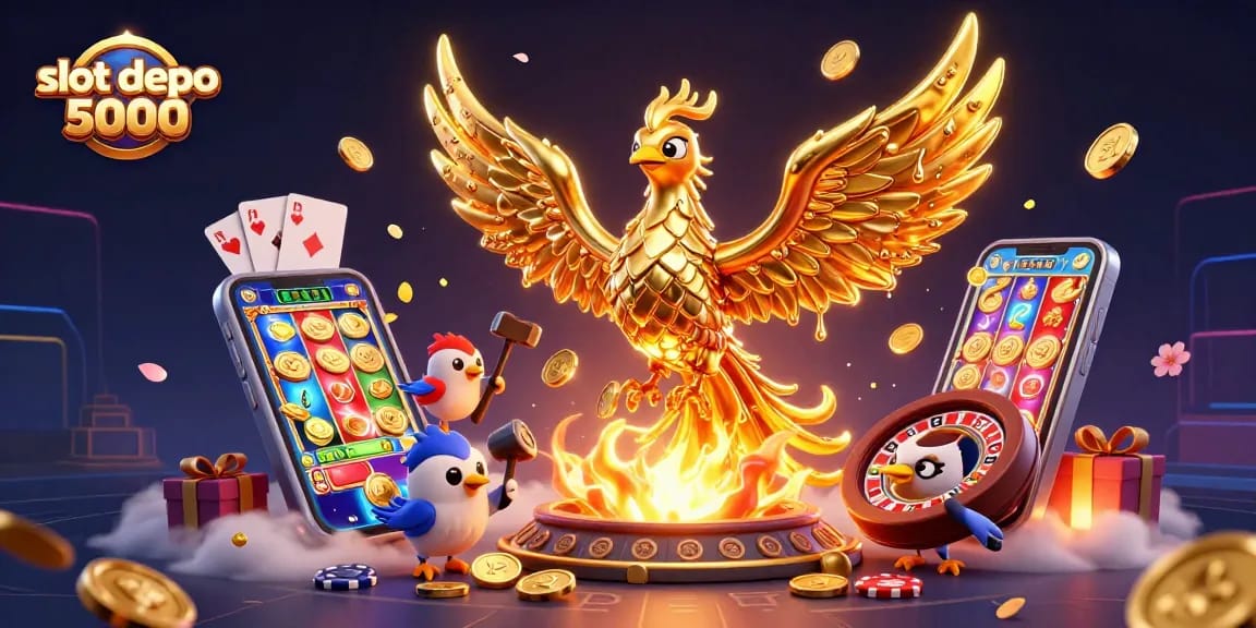 Experience thrilling spins with slot depo 5000 featuring a golden phoenix and vibrant gaming elements.