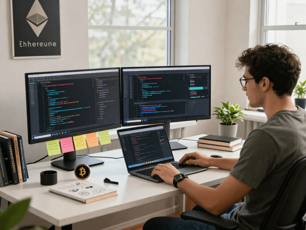 Workspace depicting tornardocash with crypto enthusiast analyzing blockchain data in a modern tech environment.