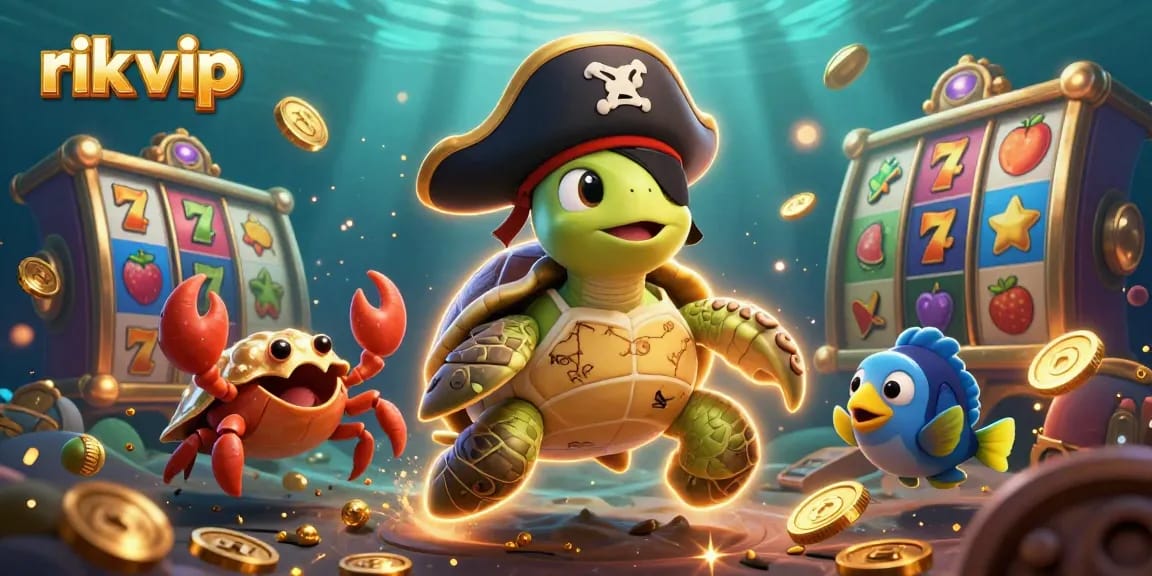 rik vip engages with a colorful scene featuring a pirate turtle, crab, and fish amid vibrant casino elements.
