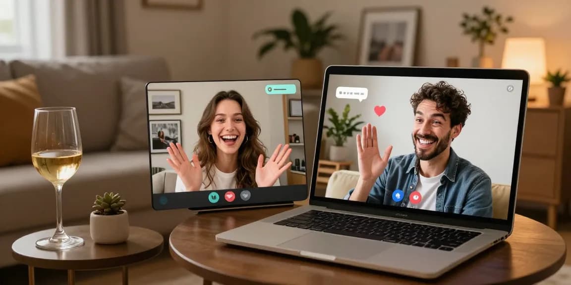Couple joyfully engaging in an AI porn chat video call, showcasing their playful expressions in a cozy living room.