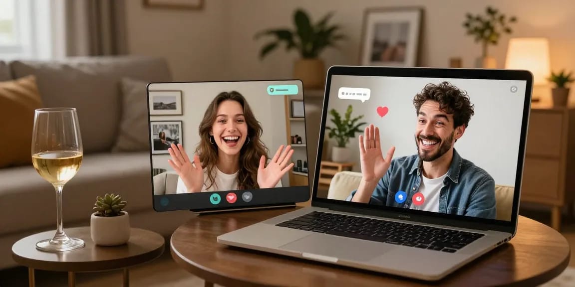 Couple joyfully engaging in an AI porn chat video call, showcasing their playful expressions in a cozy living room.