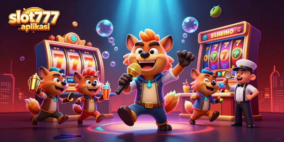 Experience the excitement of slot777 aplikasi with vibrant reels and casino characters in a dynamic illustration.