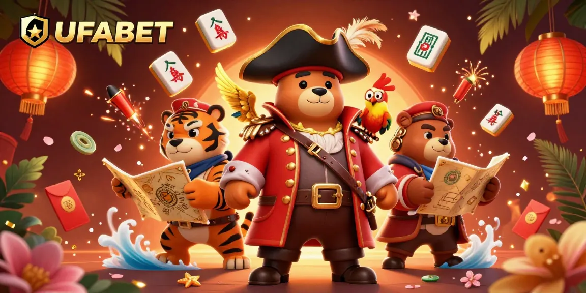 Experience UFABET with a vibrant 3D scene featuring a pirate bear and tiger amidst dazzling gambling elements.
