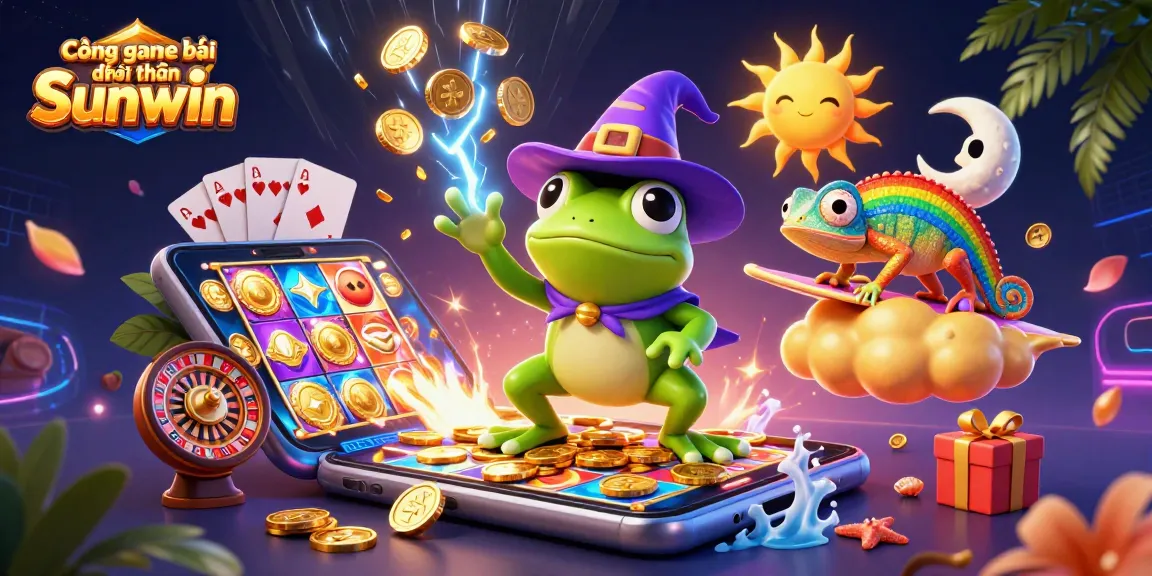 Cổng game bài đổi thưởng Sunwin showcases a magical scene with a wizard frog, chameleon, and casino elements.