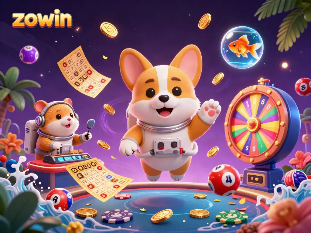 Zowin-themed scene with a cartoon corgi astronaut floating in a space casino surrounded by colorful lottery elements.