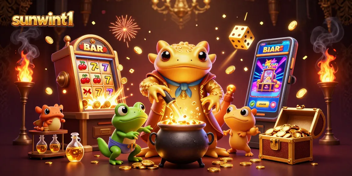 Experience thrilling gameplay at sunwint1 with a dynamic casino scene showcasing exciting slot machines and gold treasures.
