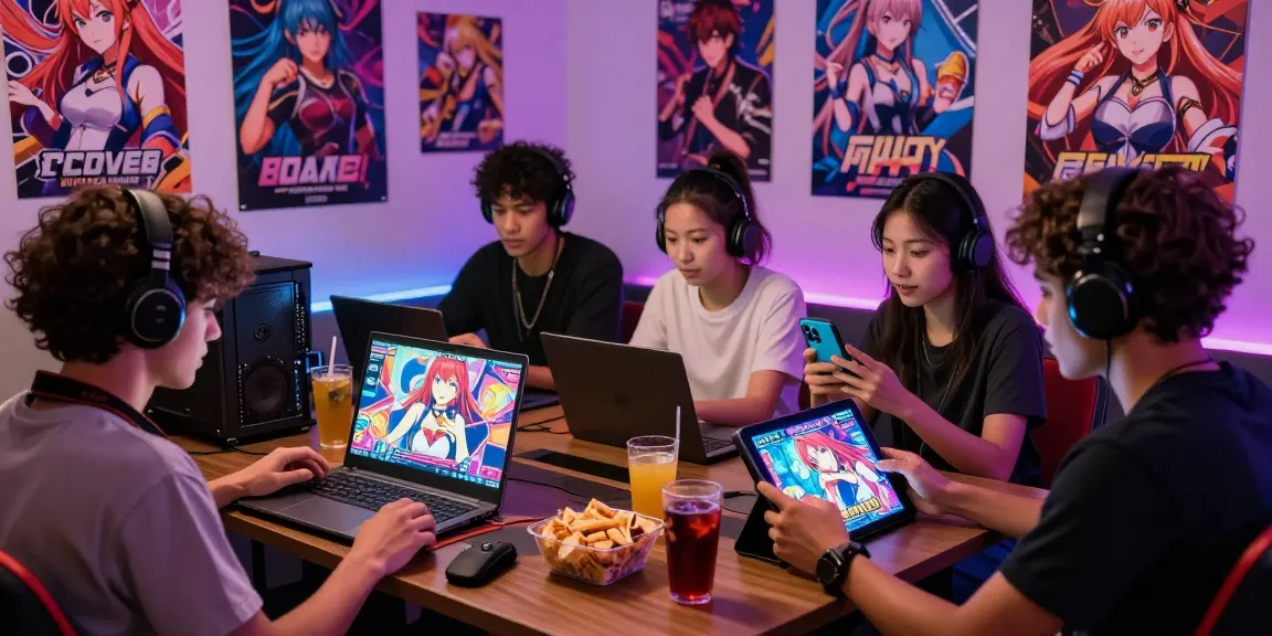 Friends enjoying ecchi games in a cozy gaming lounge, showcasing diverse devices and vibrant character art.