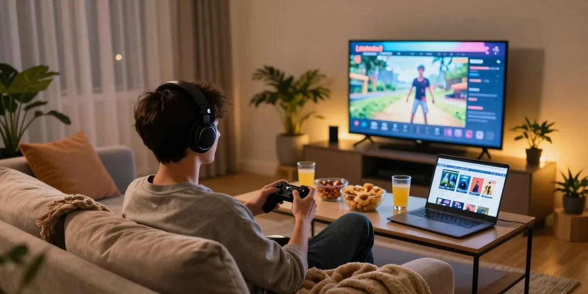 Engaged player enjoying a porngame in a cozy gaming setup with snacks and ambient lighting.