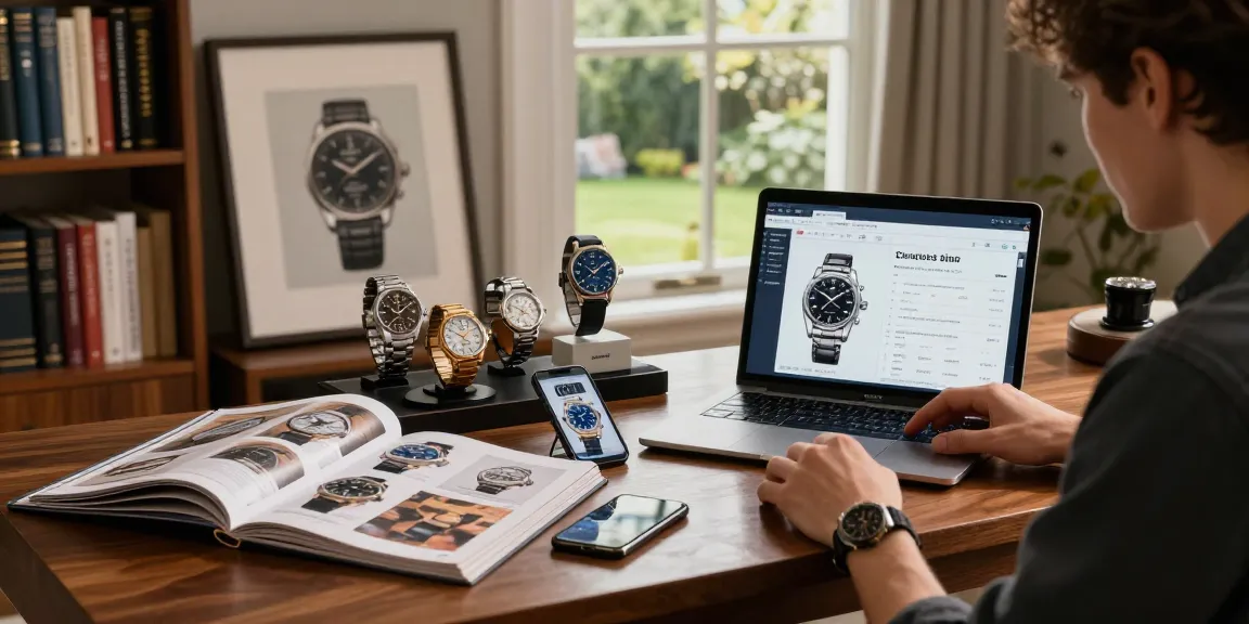 Searching for clone watches in a stylish home office setting, showcasing luxury timepieces.
