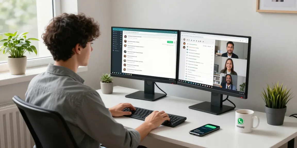 WhatsApp電腦版 in use on desktop with dual monitors in a modern home office.