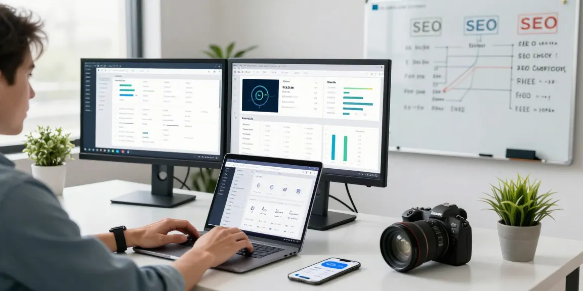 Digital marketer using AI SEO tools in a tech-savvy workspace.