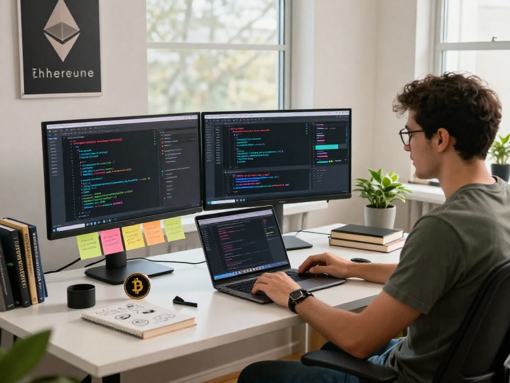 Workspace depicting tornardocash with crypto enthusiast analyzing blockchain data in a modern tech environment.