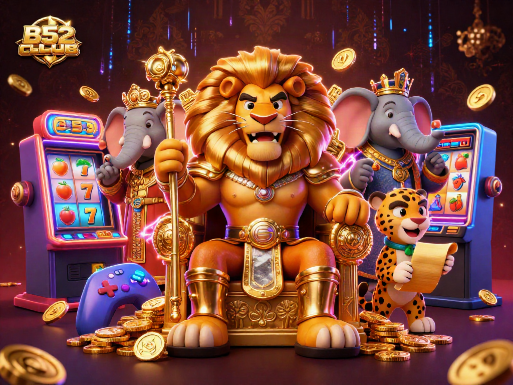 Engage in thrilling slot action at B52CLUB, featuring a lion king and exciting game elements.