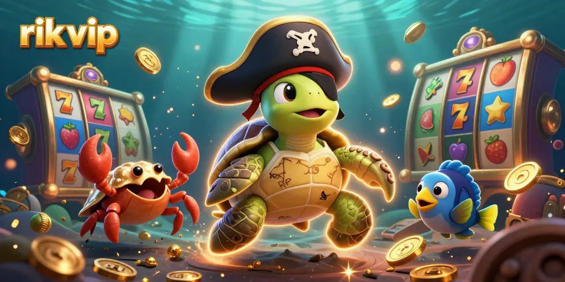 rik vip engages with a colorful scene featuring a pirate turtle, crab, and fish amid vibrant casino elements.