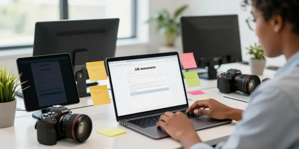 .uk domain registration process in a vibrant office workspace with a person engaging on a laptop.