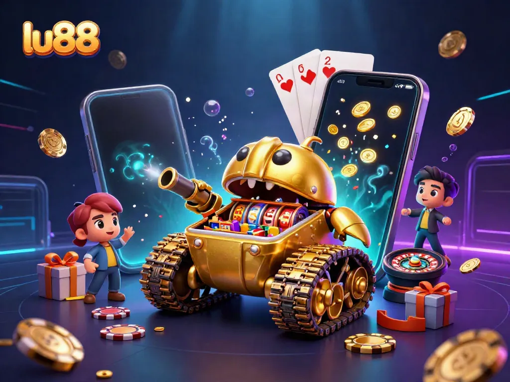 Experience gaming excitement with lu88 in a vibrant, illustrated casino world featuring slots and gold.