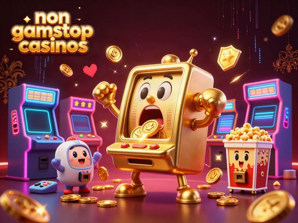 Engaging visualization of non gamstop casinos with a lively golden slot machine hitting a jackpot amidst colorful arcade elements.