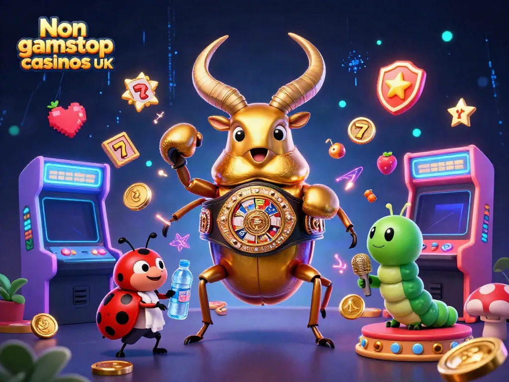 Experience Non gamstop casinos UK with a dynamic illustration featuring a golden beetle boxer and vibrant gaming elements.