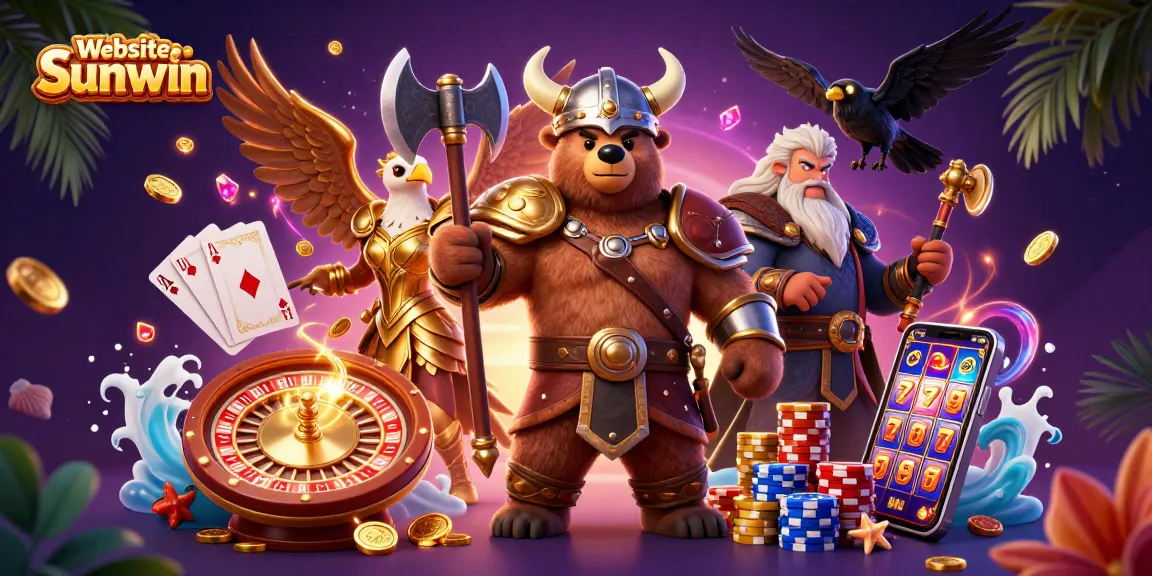 Experience thrilling gaming action at the Website Sunwin with a vibrant 3D casino illustration featuring engaging characters and elements.