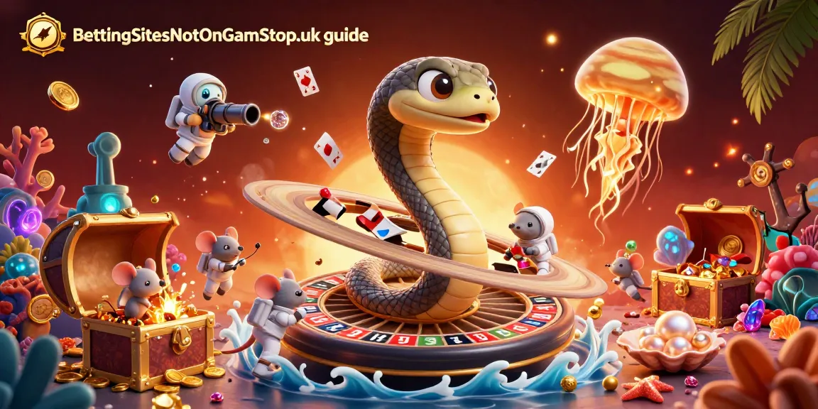 BettingSitesNotOnGamStop.uk guide showcases dynamic 3D scene with cosmic characters betting in a lively casino setting.