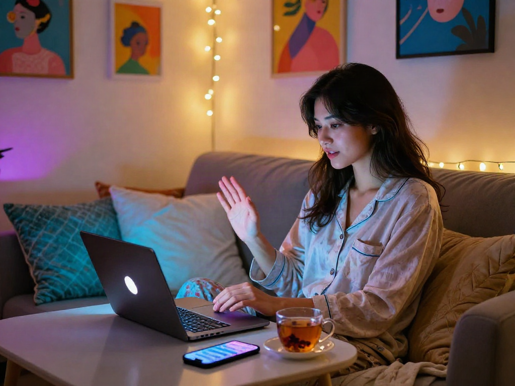 AI porn chat session with a user engaged in a cozy modern setting, highlighting intimacy and technology.