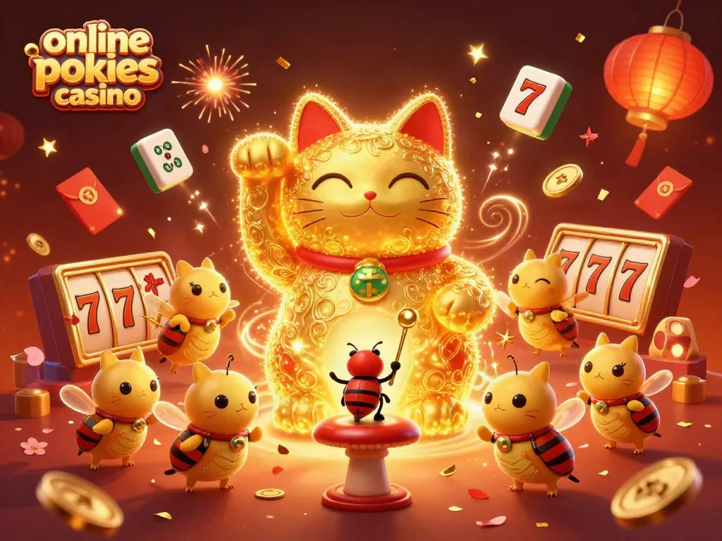 Enjoy the thrill of winning at online pokies casino with vibrant 3D elements and a lucky cat design.