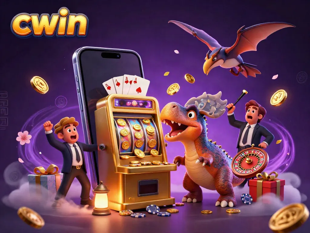 Experience the thrill of CWIN as a dinosaur triggers a jackpot at a casino surrounded by flying coins and game elements.