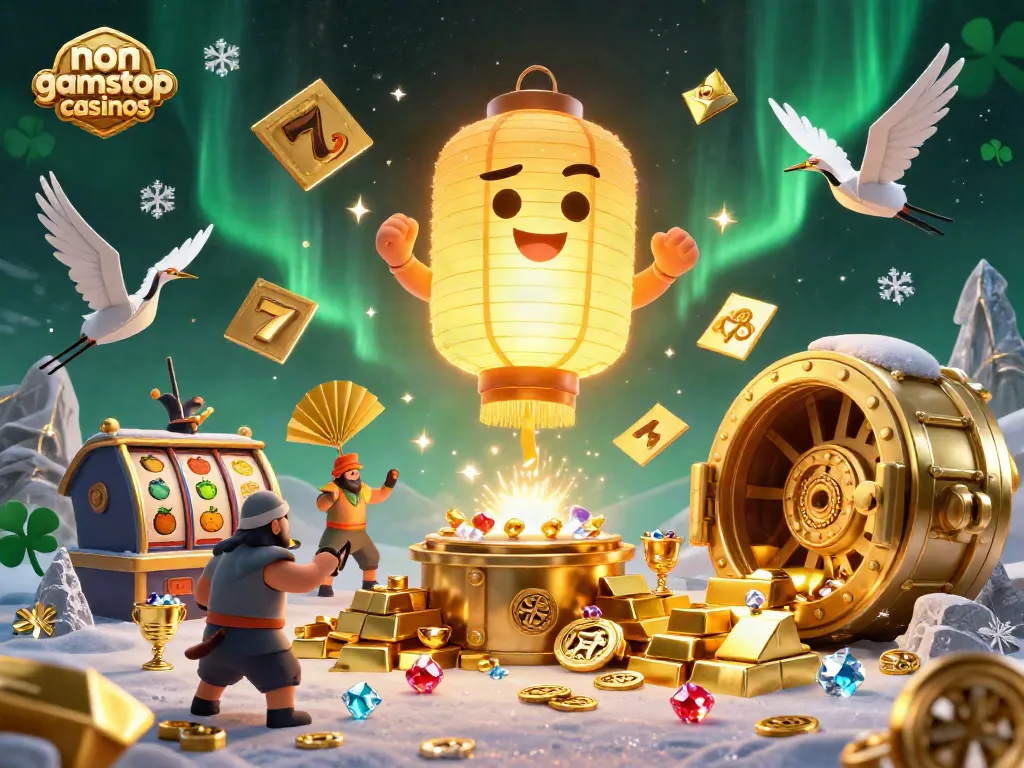Experience non gamstop casinos with a dynamic 3D illustration showcasing golden treasures and vibrant casino elements.
