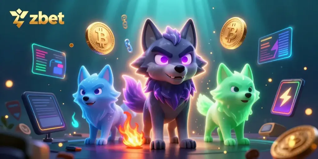 Engage in thrilling gaming with zbet's vibrant 3D illustration showcasing fantasy wolves and crypto elements.