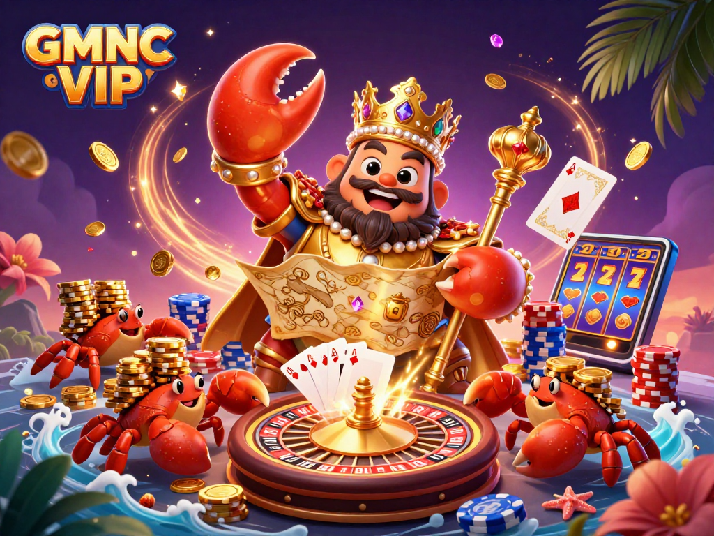 Experience the excitement of GMNC VIP with a golden crab emperor in a vibrant casino scene.