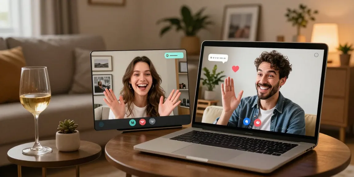 Couple joyfully engaging in an AI porn chat video call, showcasing their playful expressions in a cozy living room.