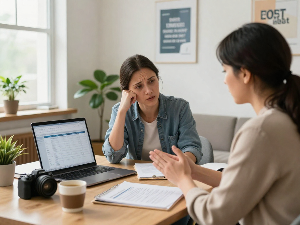 Debt counseling session in a supportive financial office with a counselor assisting a client.