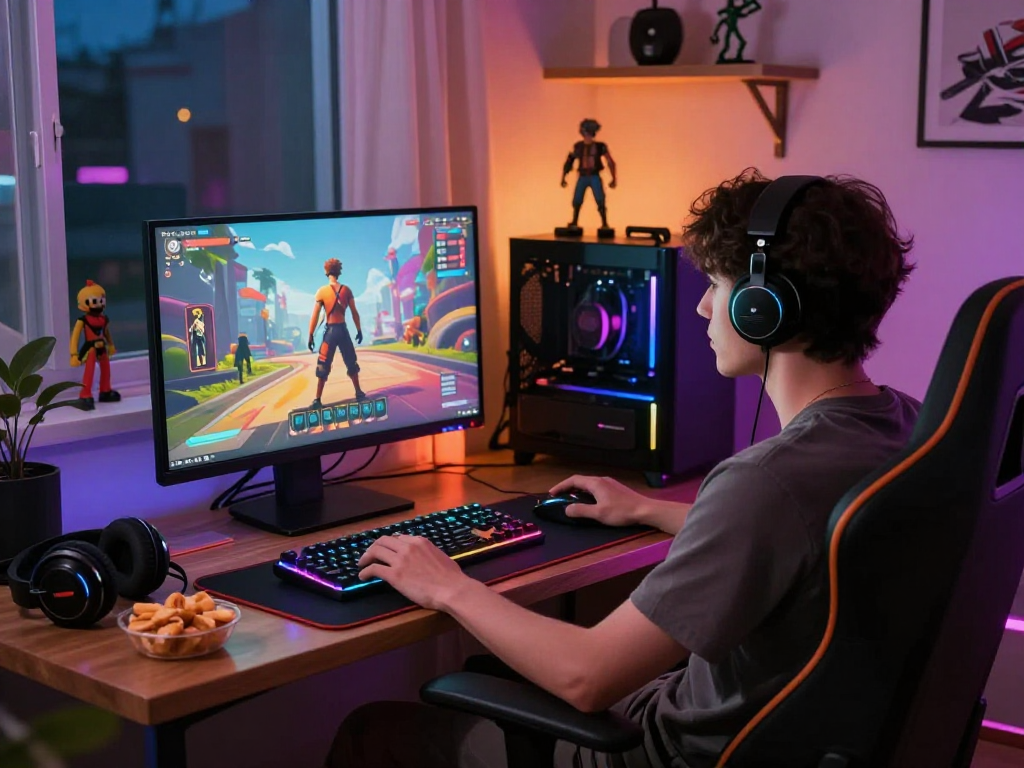 Engaged gamer exploring a 3d porn game in a cozy setting.