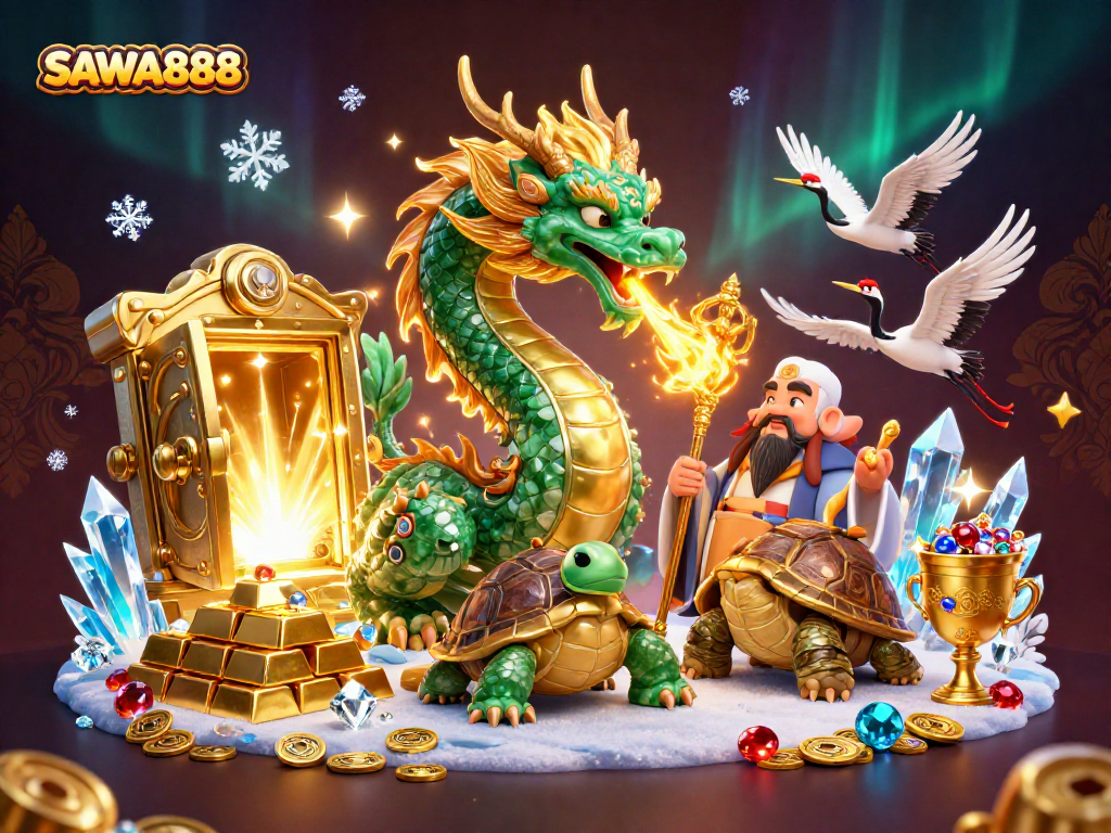 Experience the thrill of SAWA888 with stunning visuals of jade dragon and treasures in a vibrant casino scene.