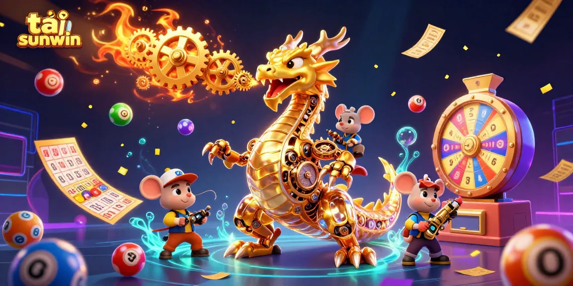 Engage with the vivid world of tải sunwin featuring a colorful scene of lottery balls, a golden dragon, and dynamic gaming elements.
