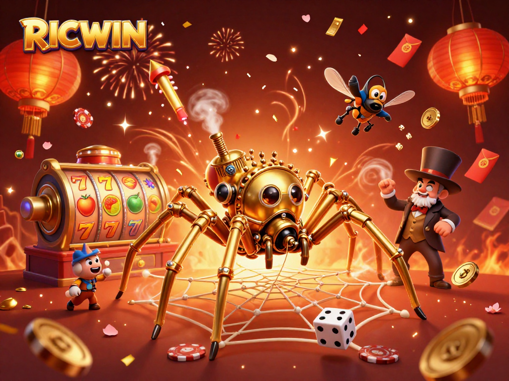 Experience the excitement of RICWIN as a steampunk spider catches falling dice in a vibrant casino scene.