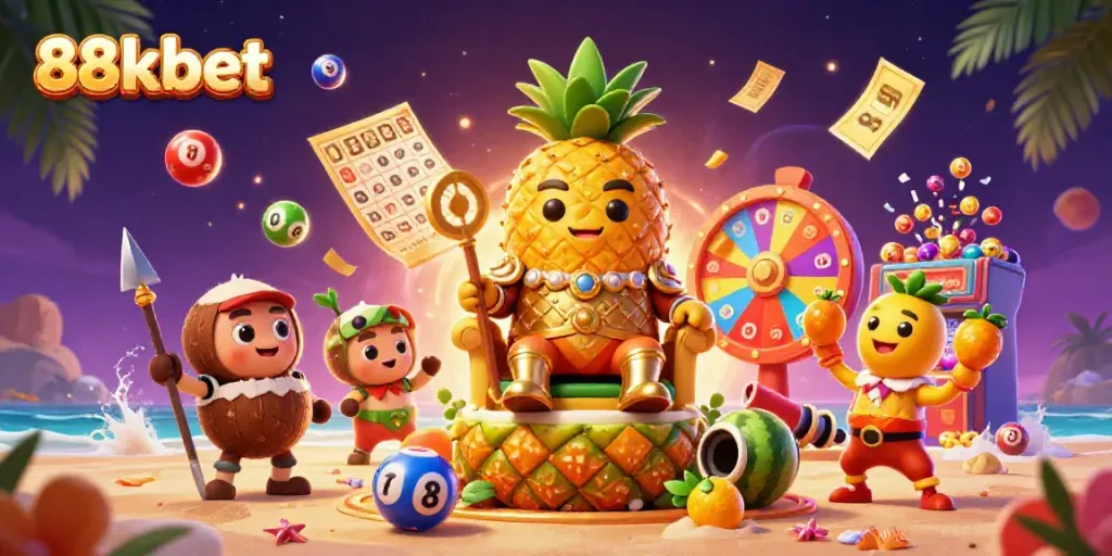 Experience the excitement with 88kbet in a vibrant casino scene, featuring dynamic lottery elements.