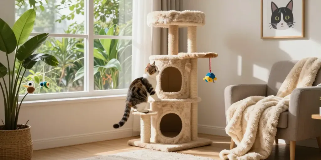 Cat tower cat tree in a sunny home corner with a playful cat exploring and scratching.