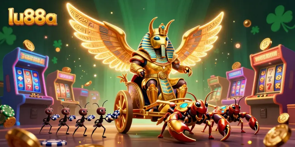 Spin wins with lu88a's vibrant, dynamic casino scene featuring a golden scarab and 3D game elements.