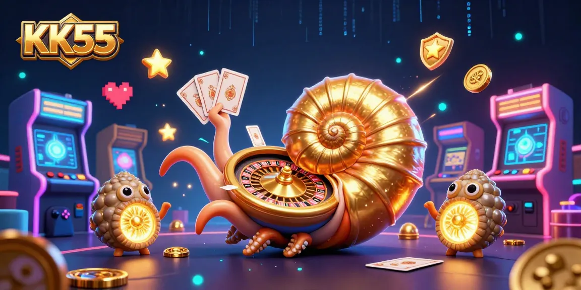 Engage in thrilling gameplay at KK55 with a vibrant casino scene featuring a mystical nautilus and arcade elements.